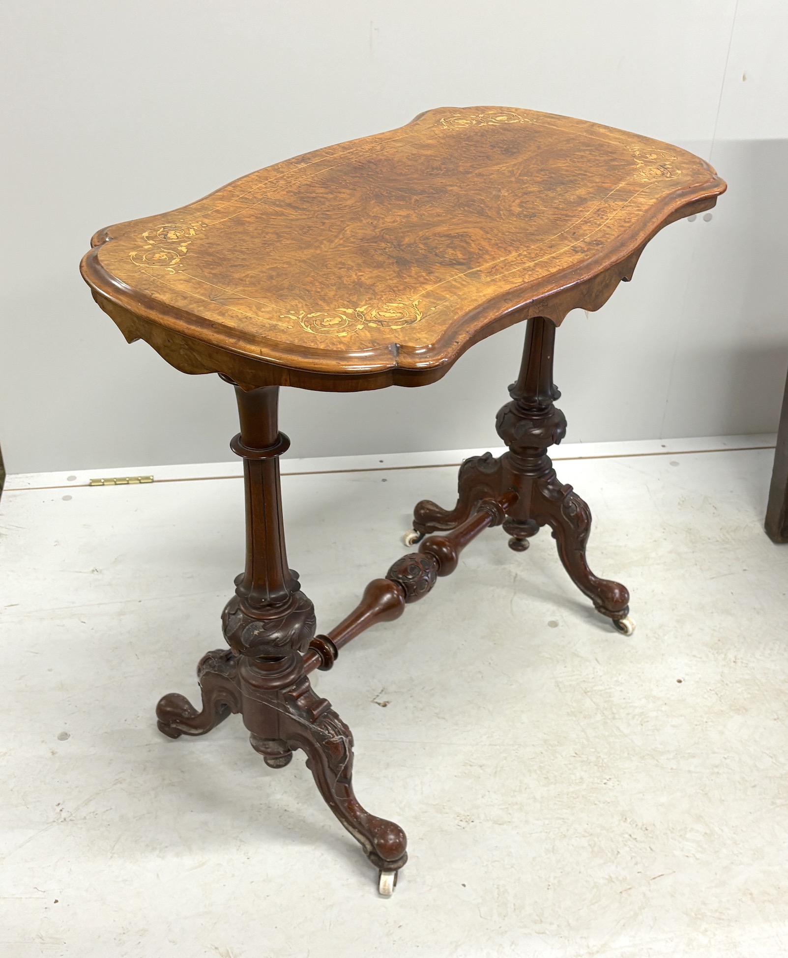 A Victorian inlaid burr walnut rectangular centre table, width 78cm, depth 44cm, height 72cm